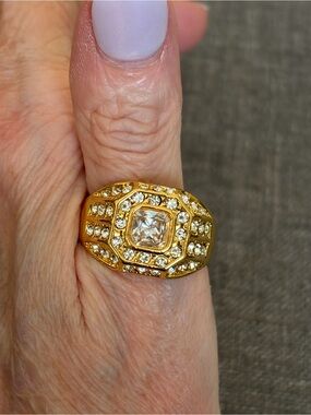Gold Tone Clear Rhinestone Statement Ring Square Center Size 12